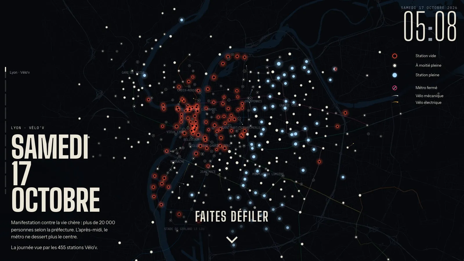 Carte des 455 stations Vélo’v le samedi 17 octobre 2026, vides au centre et pleines à l’est